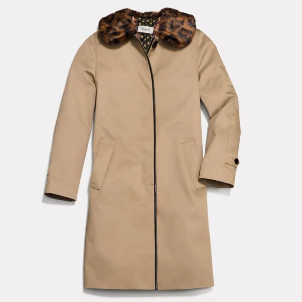 Coach Leather Trim Coat with Faux Fur Collar – Beige – Size 2